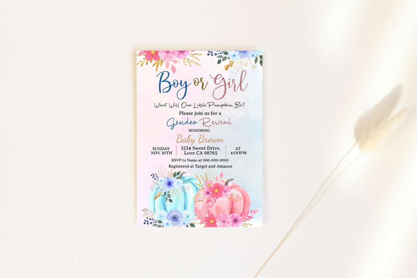 Boy or Girl Pumpkin Gender Reveal Invitation | Fall Gender Reveal -30D