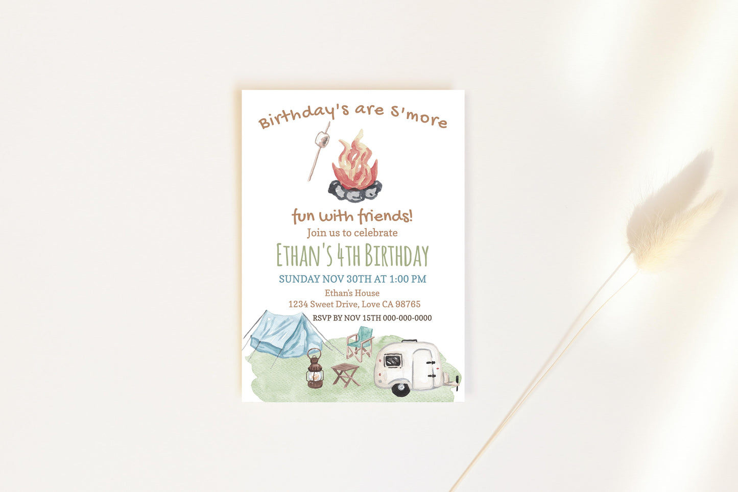 Camping Birthday Invitation | Editable Smores Birthday Party Invite - 04A