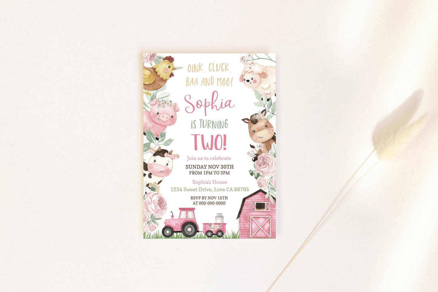 Floral Farm Animals Party Invitation | Girl Barnyard Birthday Invite - 11A