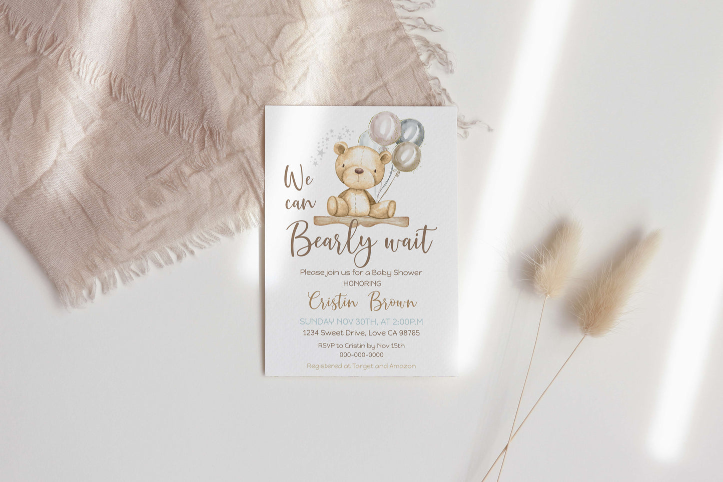 Teddy bear baby shower invitation | Editable boy baby shower invite - 76A