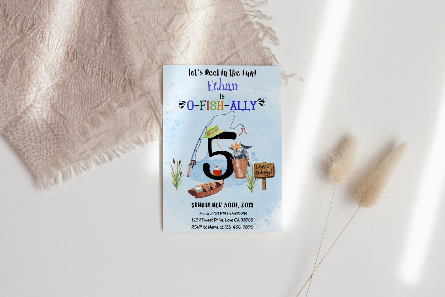 O-Fish-Ally Five Birthday Invitation | Editable Fishing Theme Party invite - 97A