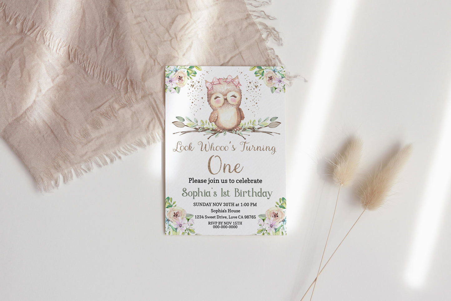 Look Whooo's Turning One Invitation | Owl Girl Birthday Party Invite- 78A