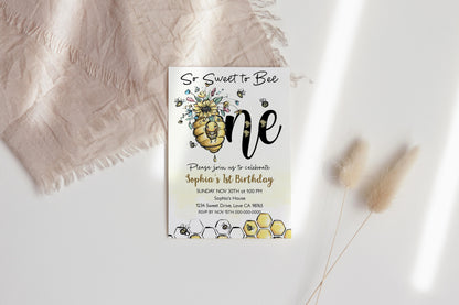 So Sweet to Bee One Editable Invitation | Bee 1st Birthday Party Invite - 61A