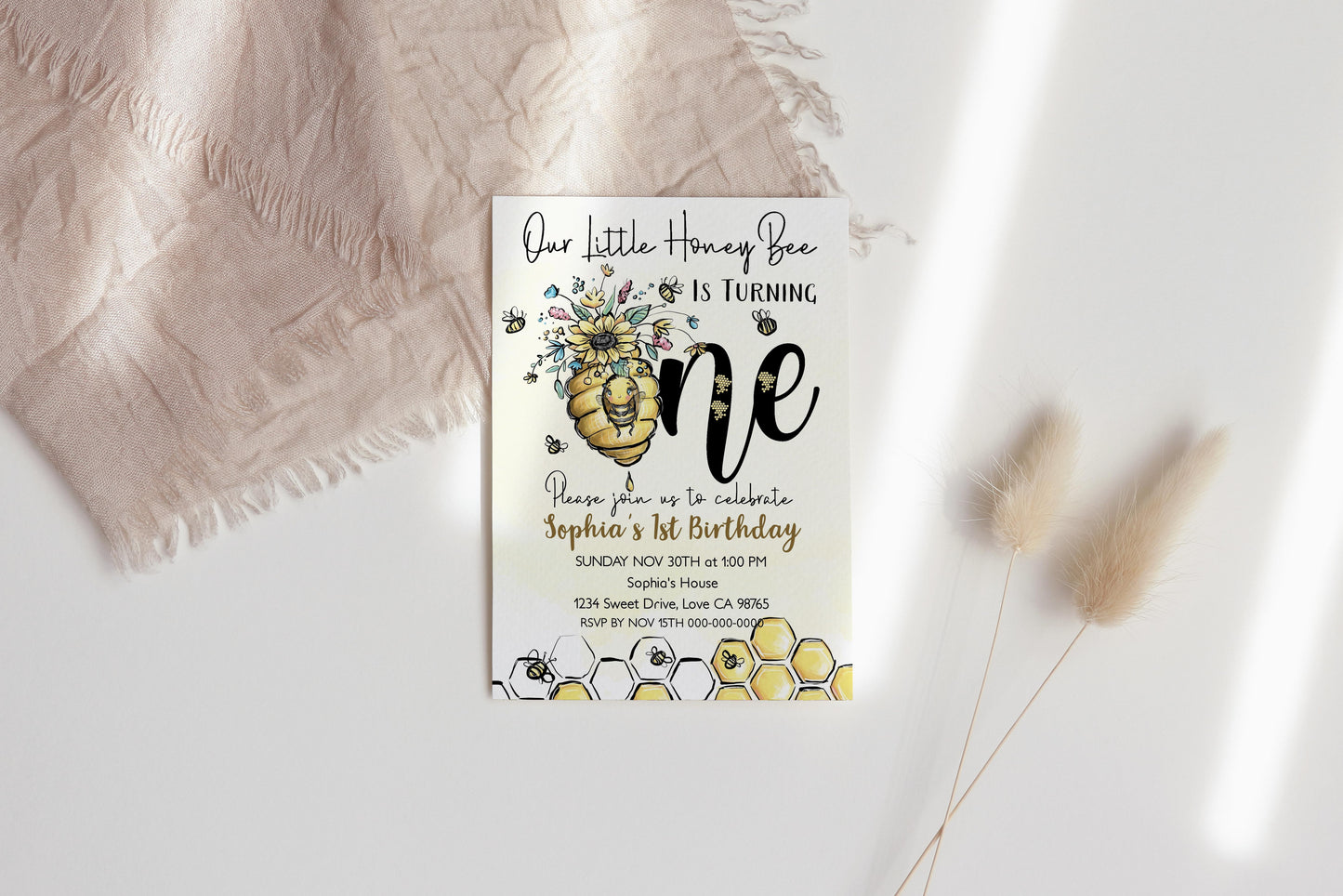 Our Little Honey Bee is Turning One | Bumble Bee 1st Birthday Party Invite - 61A