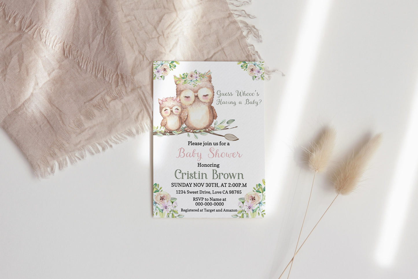 Guess Whoo's Having A Baby Invitation | Editable Owl Girl Baby Shower Invite - 78A