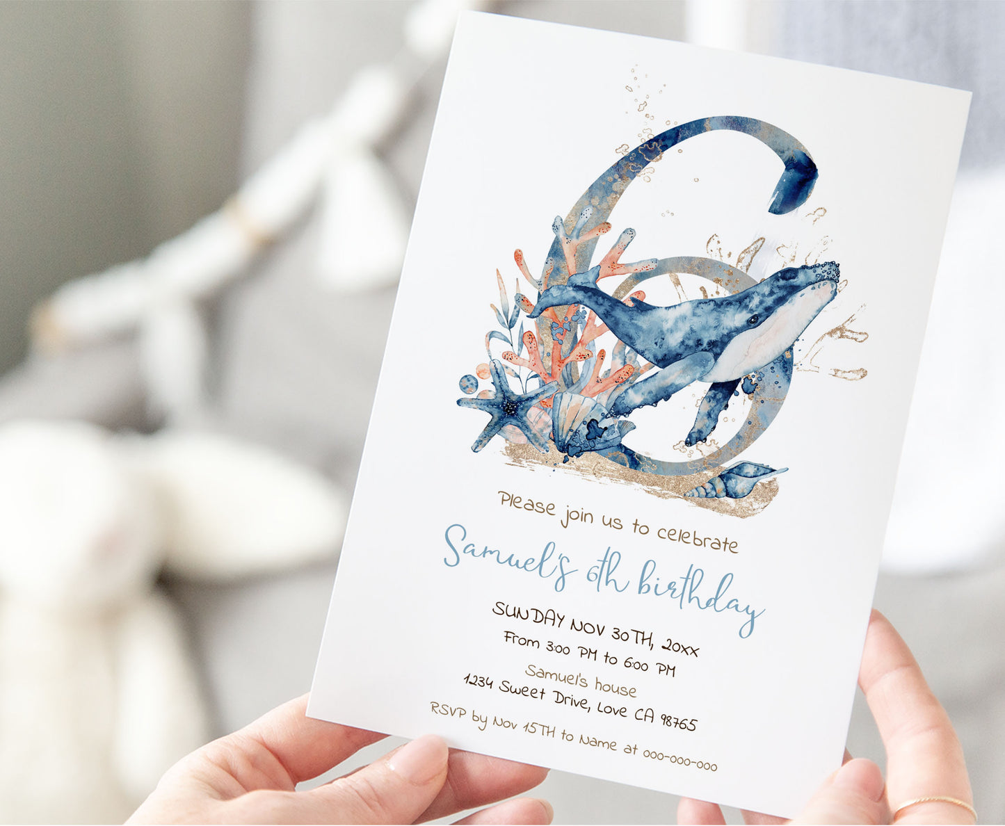 Whale Sixth birthday Invitation | Editable Under the sea invite - 44C