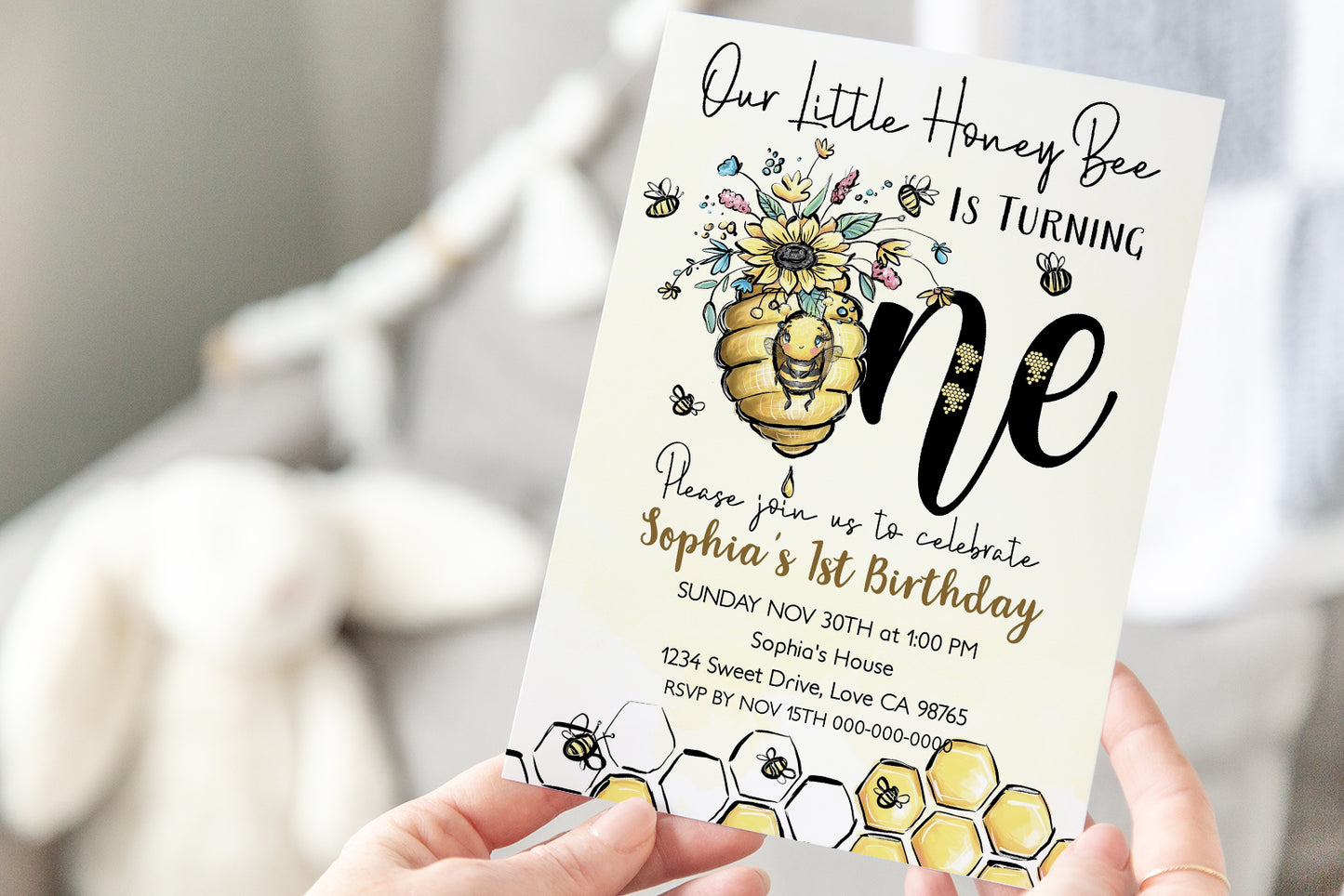 Our Little Honey Bee is Turning One | Bumble Bee 1st Birthday Party Invite - 61A