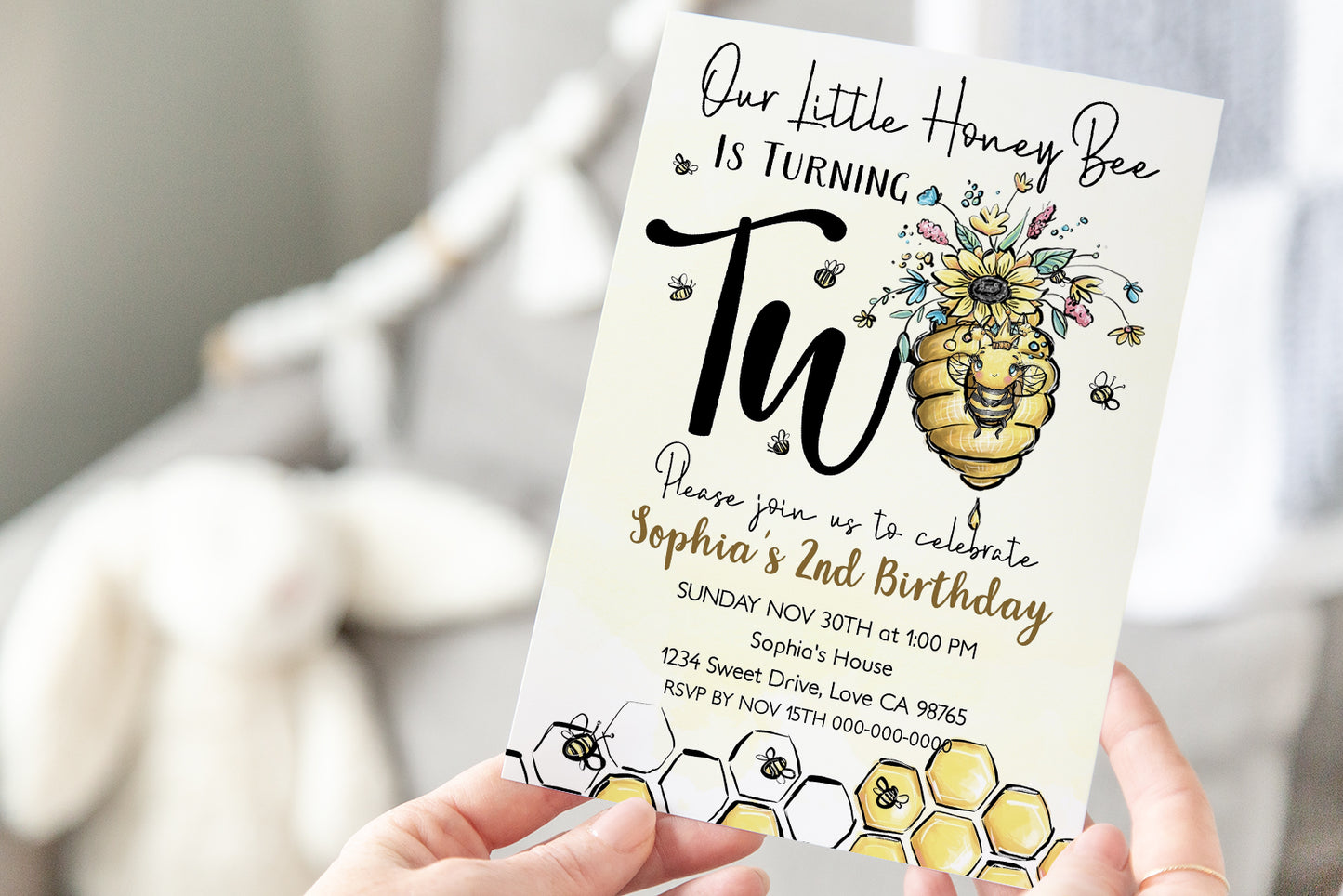 Our Little Honey Bee is Turning two | Bee 2nd Birthday Party Invite - 61A