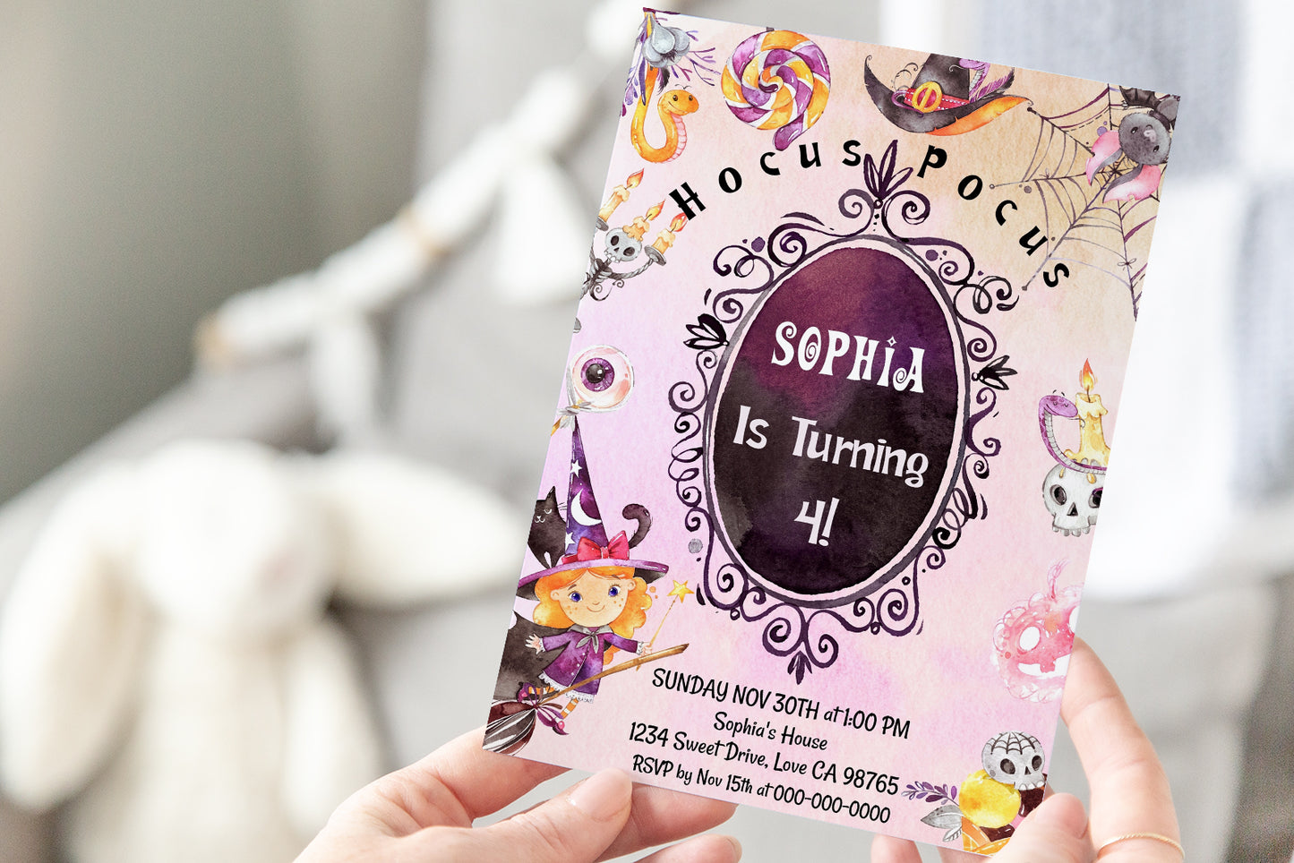 Witch Halloween Birthday Invitation | Girl Halloween Party Invite - 115C