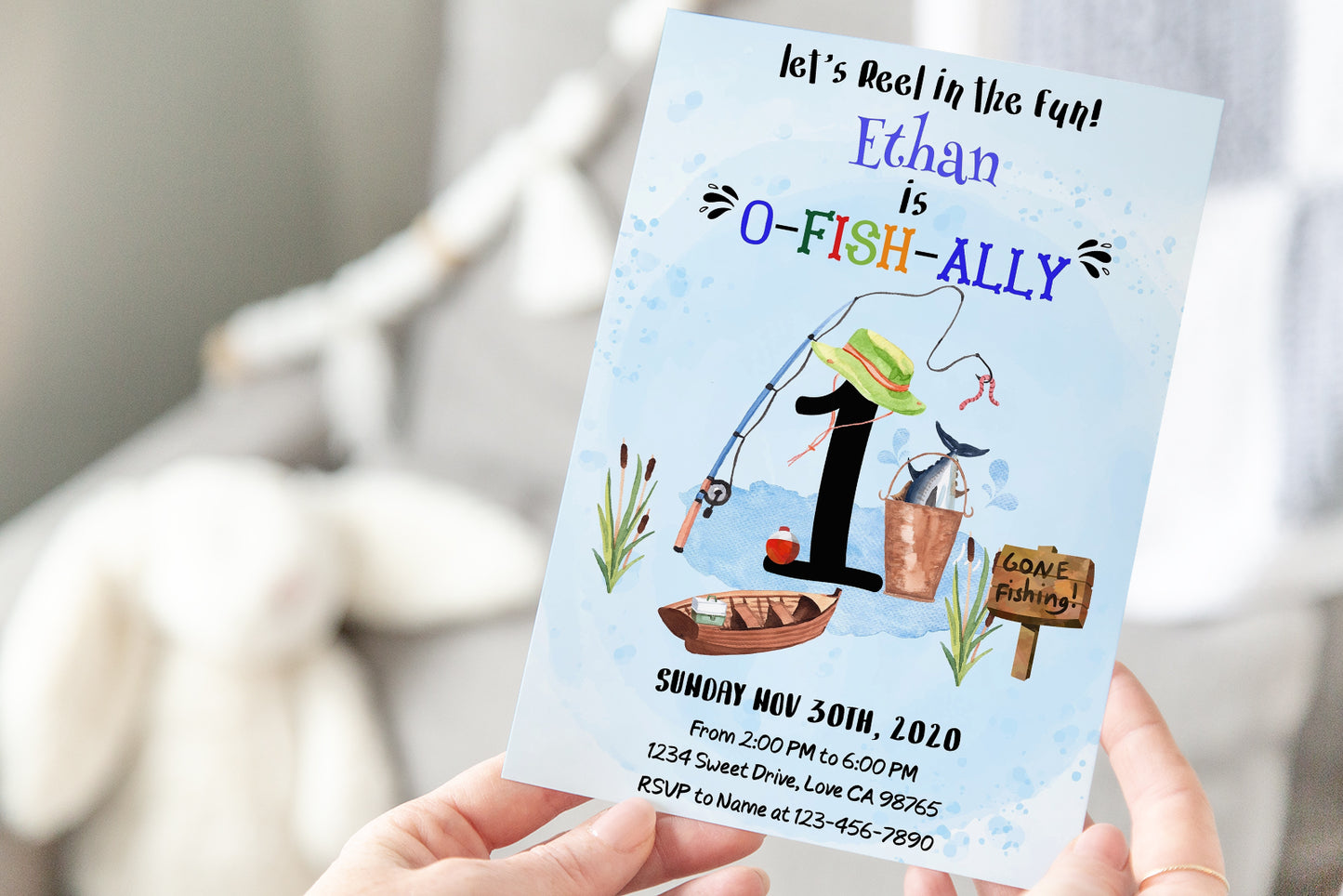 O-Fish-Ally One Birthday Invitation | Editable Fishing Theme Party Invite - 97A