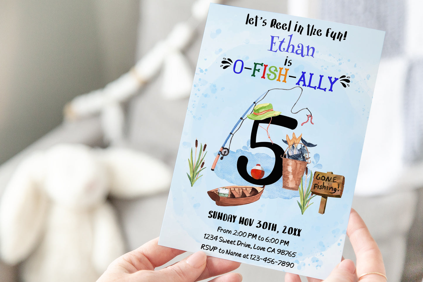 O-Fish-Ally Five Birthday Invitation | Editable Fishing Theme Party invite - 97A