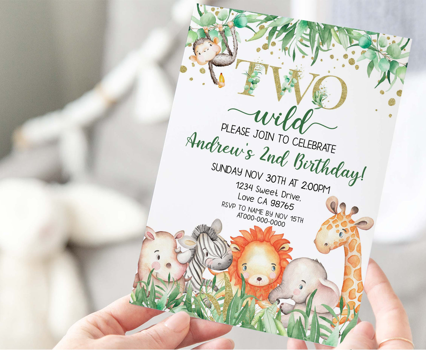 Two Wild safari Birthday Invitation | Editable Jungle Animals Party Invite - 35J