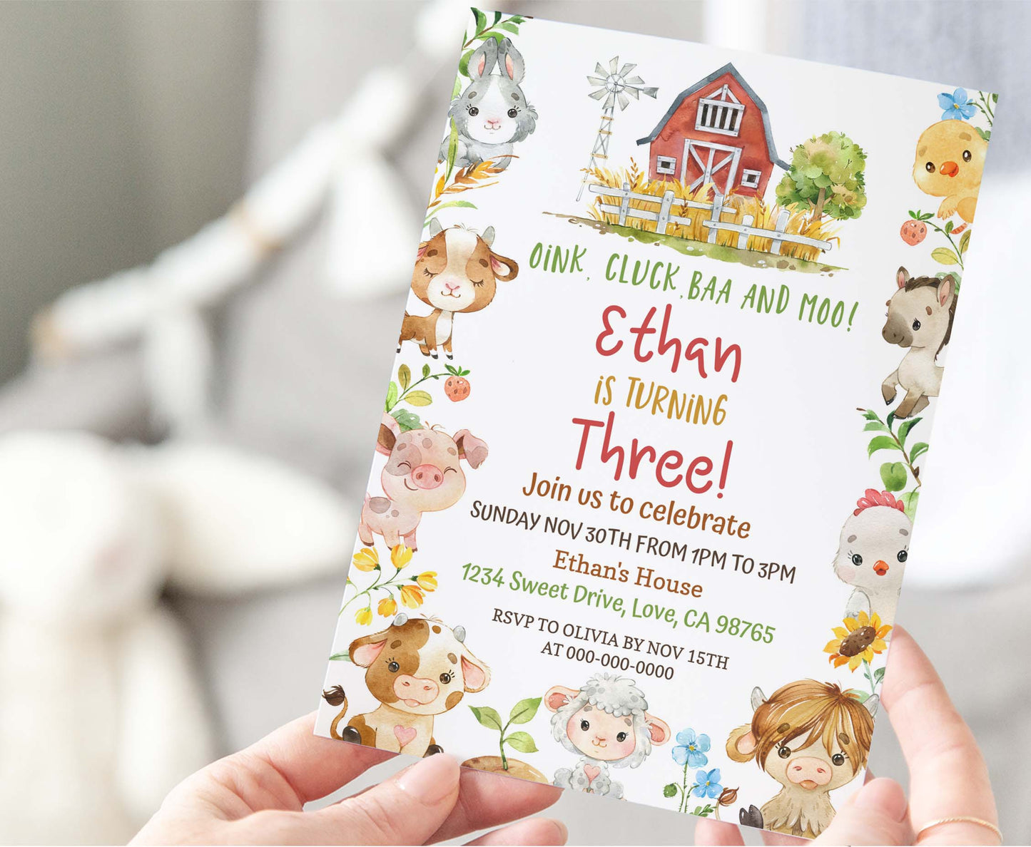 Farm Animals Birthday Invitation Boy | Barnyard Bash Party Invite - 11D