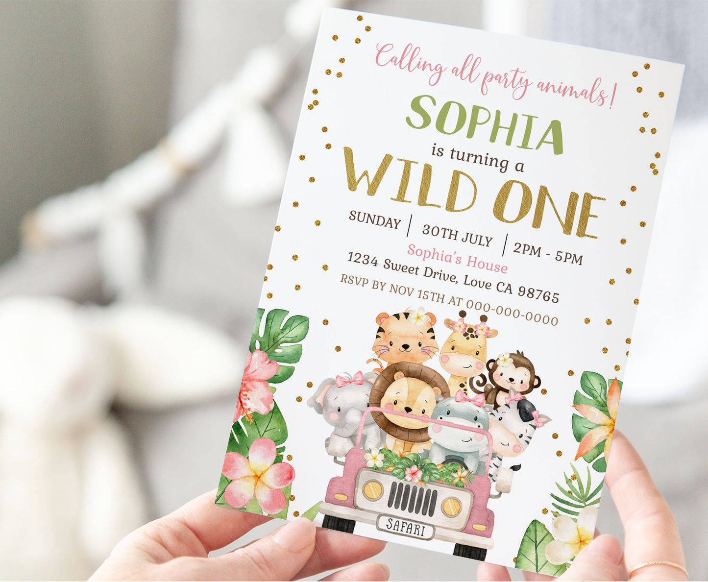 Wild One, Girl Safari Party Animals Invitation | Editable Floral Jungle Birthday Invite - 35E