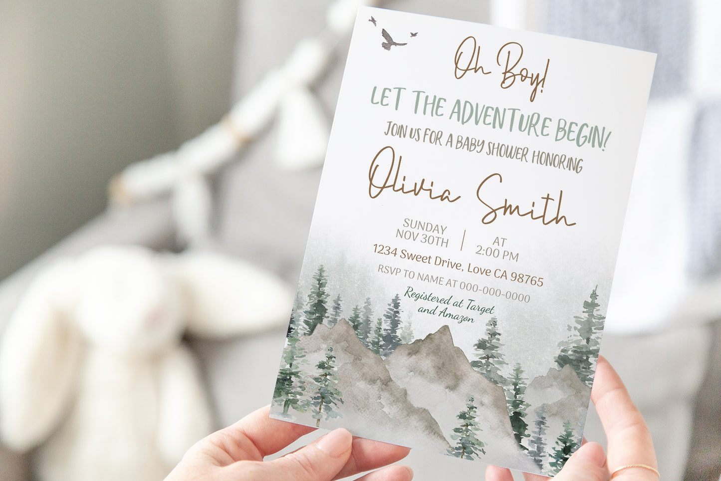 Let The Adventure Begin Invitation | Editable Mountains Baby Shower Invite - 47H