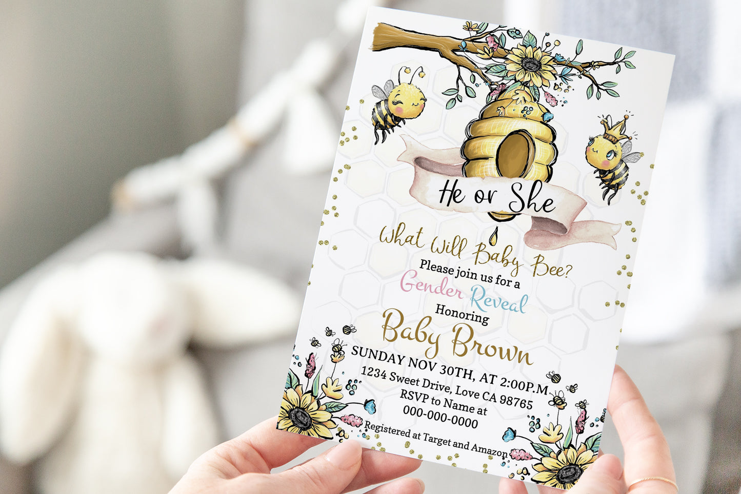 Bee He or She Editable Invitation | Honeycomb Gender Reveal 61A