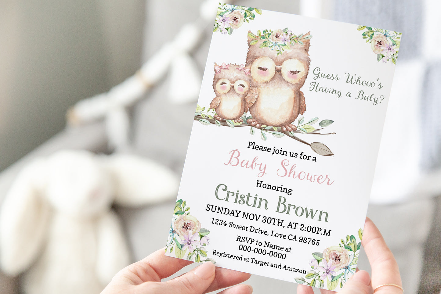 Guess Whoo's Having A Baby Invitation | Editable Owl Girl Baby Shower Invite - 78A