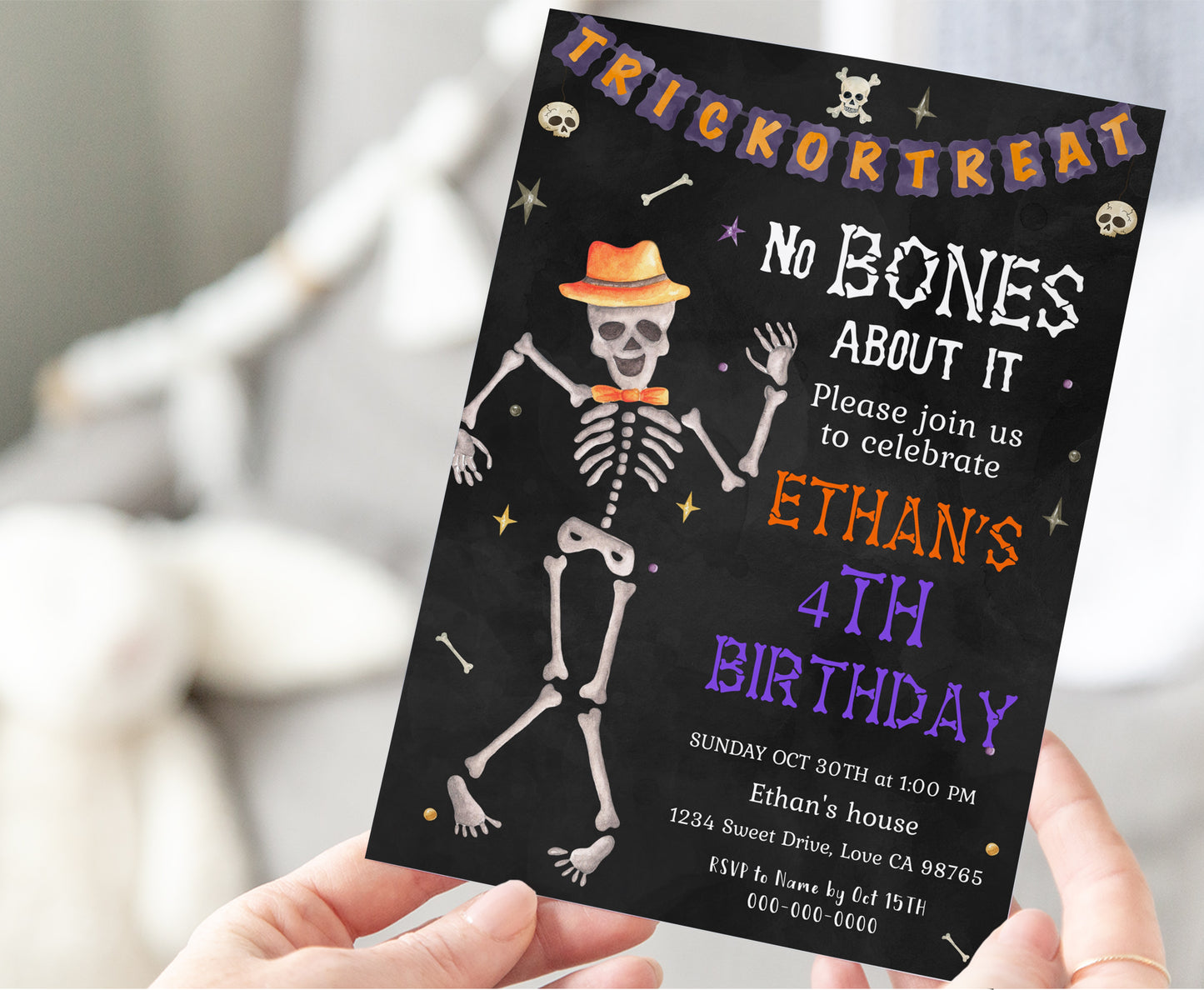 Skeleton Party Invitaton | Halloween Birthday Party Invite - 115P