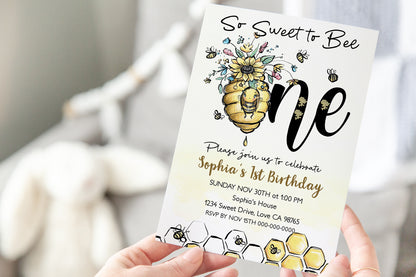 So Sweet to Bee One Editable Invitation | Bee 1st Birthday Party Invite - 61A
