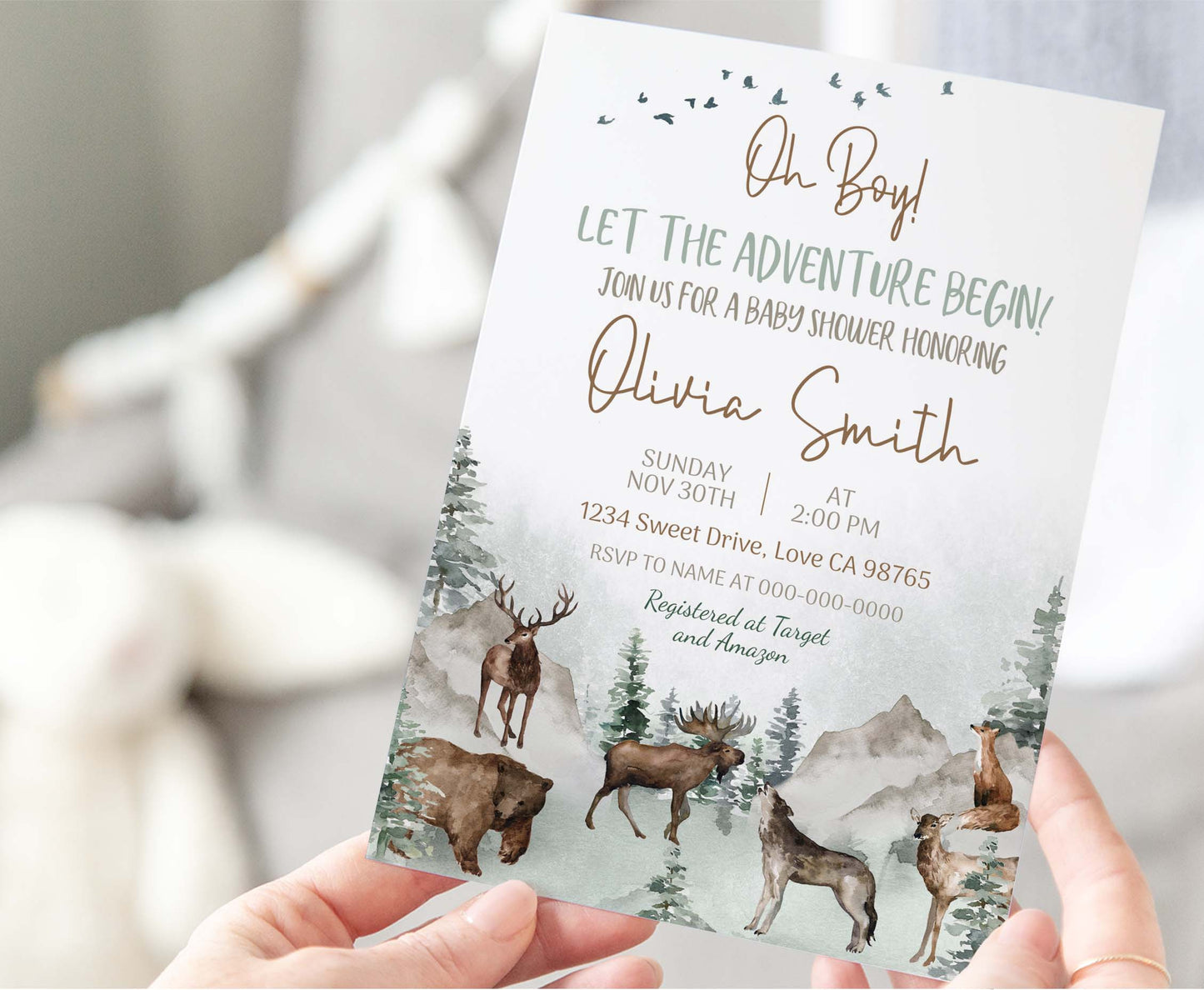 Let The Adventure Begin Invitation | Editable Woodland Animals Baby shower Invite - 47H