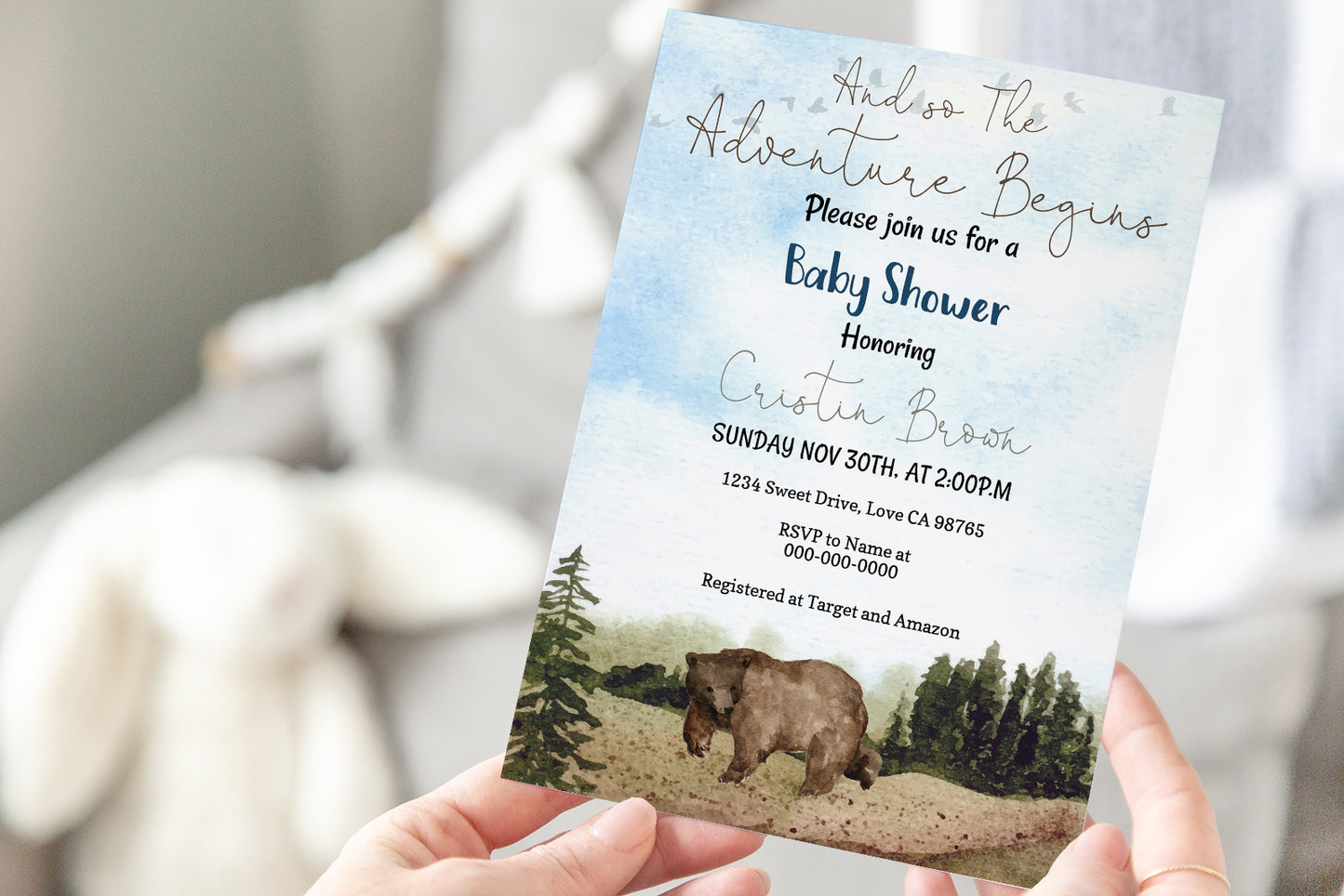 Bear Baby Shower Invitation | Editable Woodland Baby Boy Shower Invite - 47H2