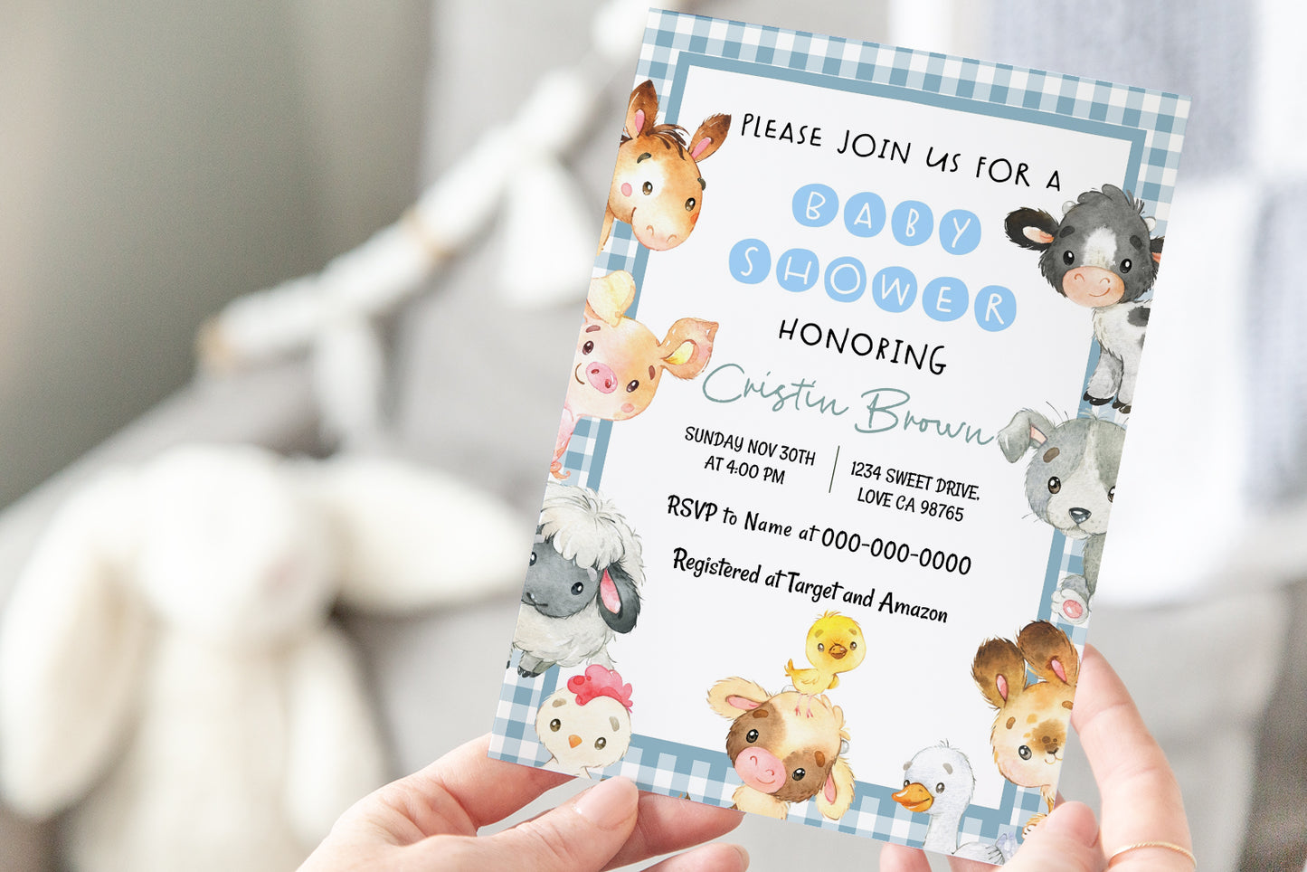 Blue Gingham Farm Editable Baby Shower Invitation | Farm Theme - 11C2