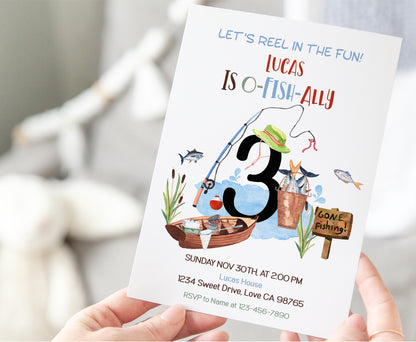 O-Fish-Ally three Birthday Invitation | Editable Fishing Theme Party Invite - 97A