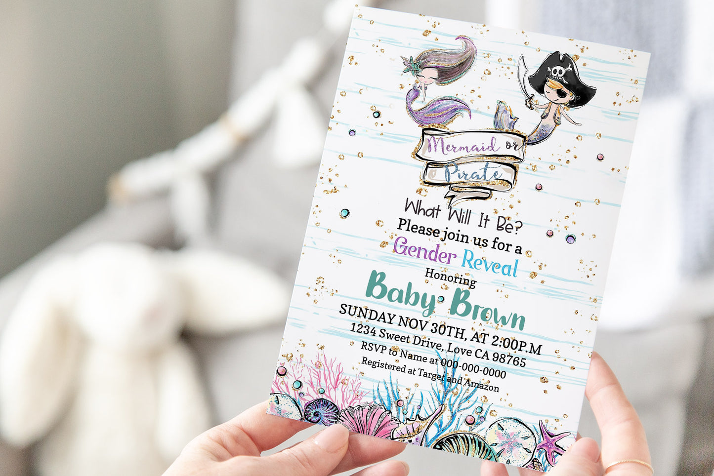 Mermaid or Pirate Editable Invitation | Blue or Pink  Gender Reveal Invitation 20A1