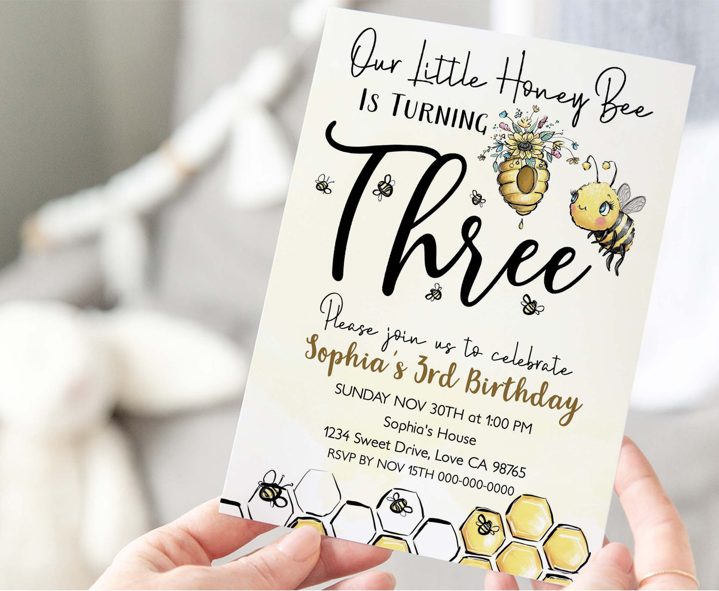 Our Little Honey Bee is Turning Three | Bee 3rd Birthday Party Invite - 61A