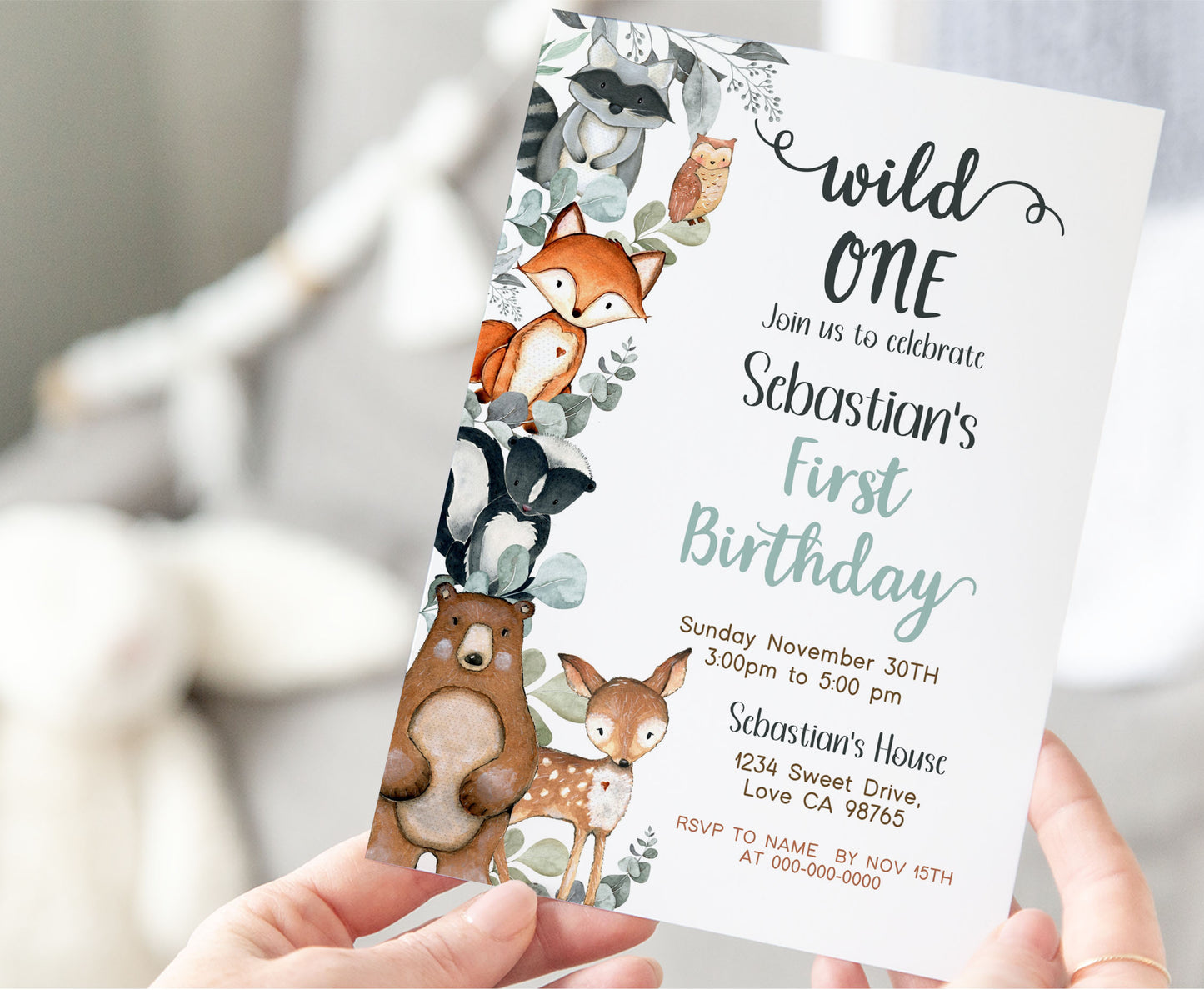 EuEucalyptus Woodland Birthday Invitation | Editable Greenery Woodland Birthday Party - 47J1