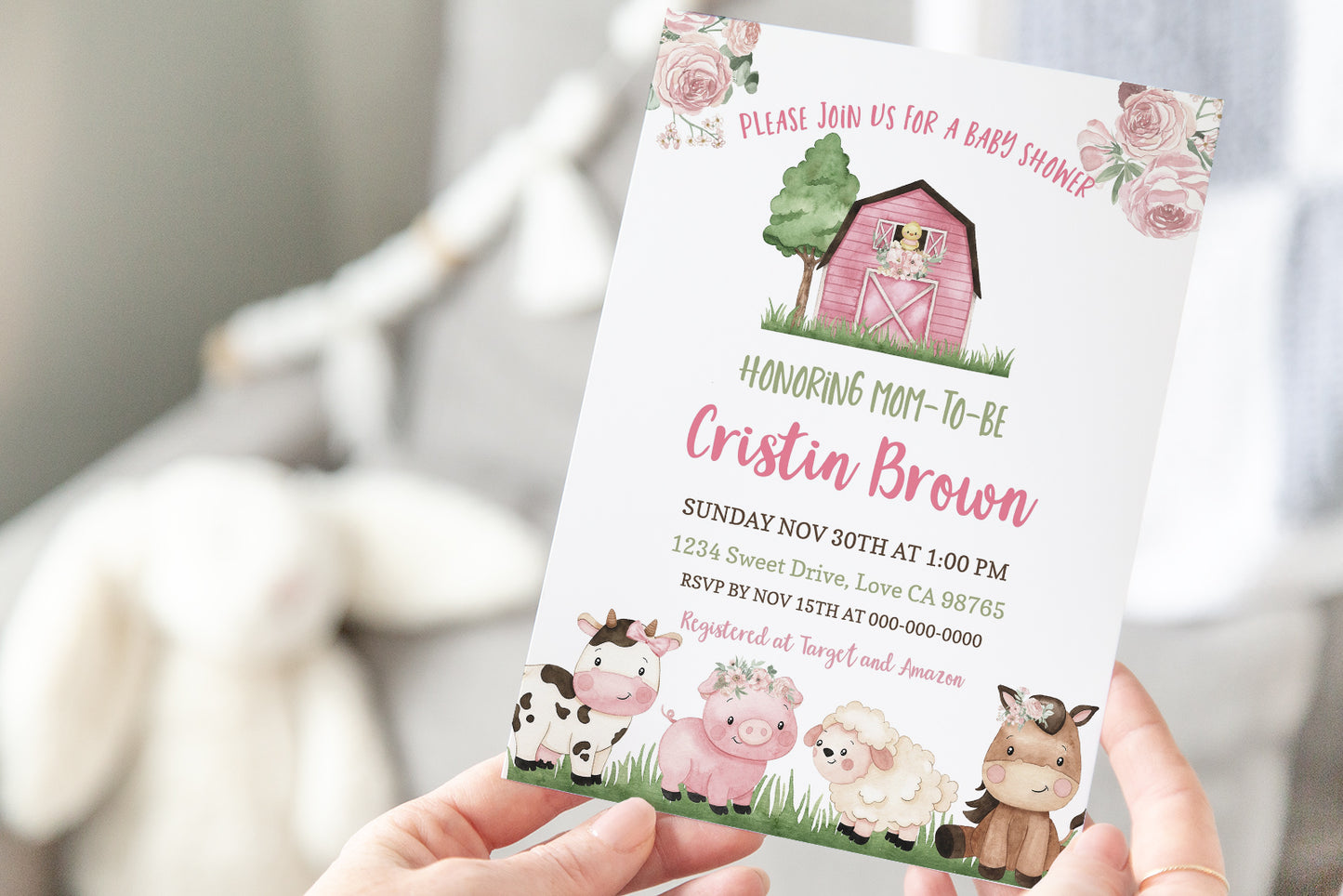 Floral Farm Baby Shower Invitation | Girl Barnyard Baby Shower Invite - 11A