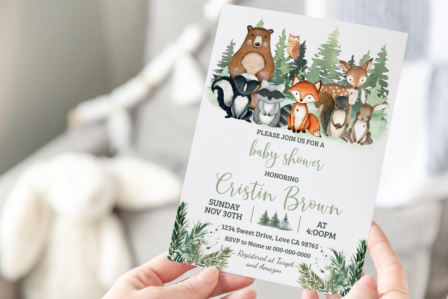 Forest Baby Shower Invitation | Editable Woodland Animals Baby Shower Invite - 47J2