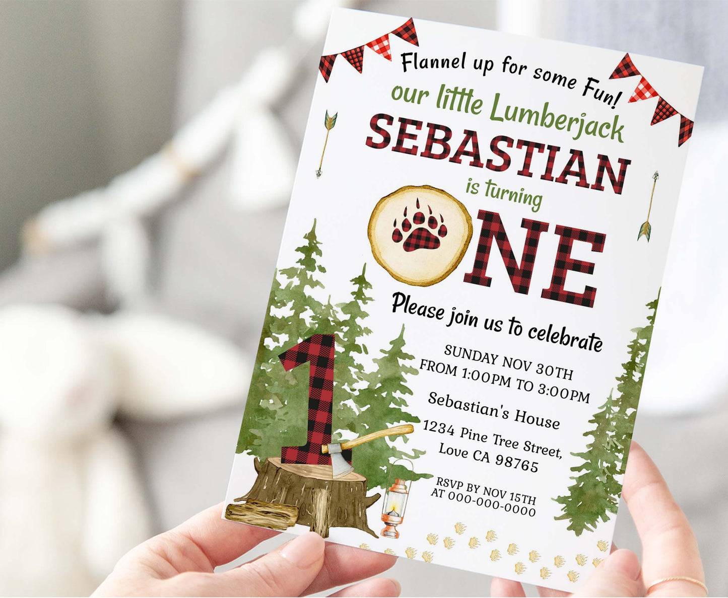 Lumberjack First Birthday Invitation | Editable Buffalo Plaid Invite - 19A