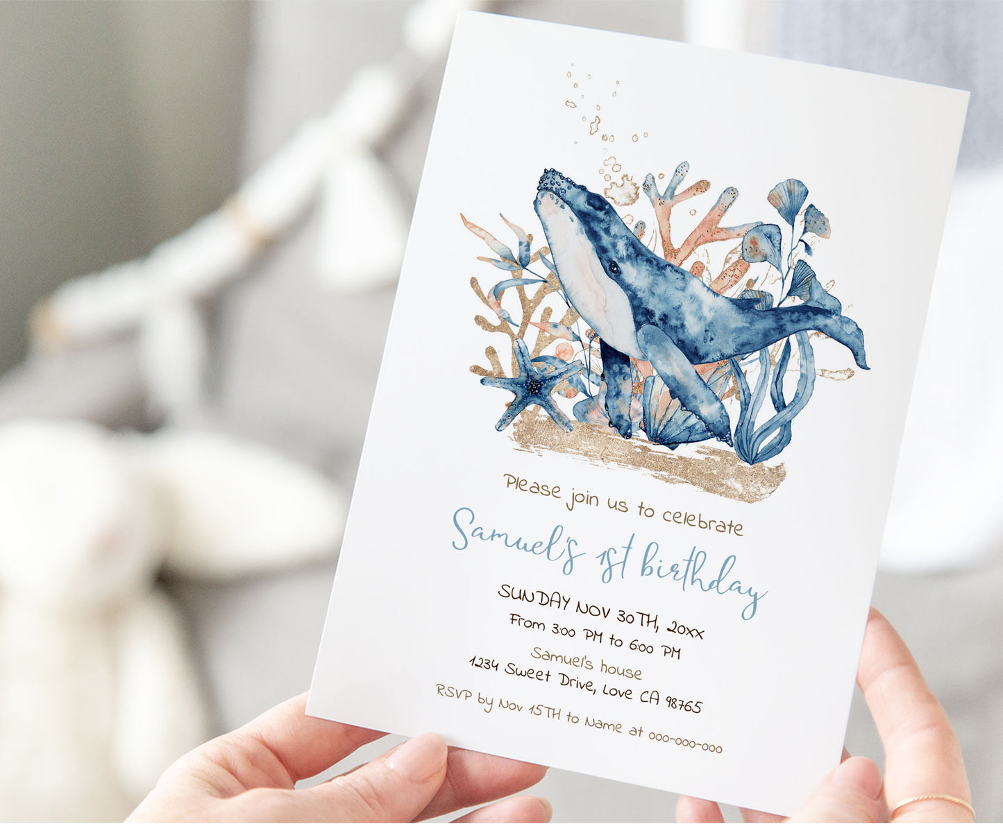 Whale first birthday Invitation | Editable Under the sea Invite - 44C