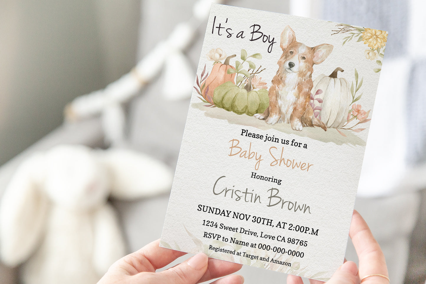 Editable It's a Boy Corgi and Pumpkins Invitation | Fall Boy Baby Shower - 30G2