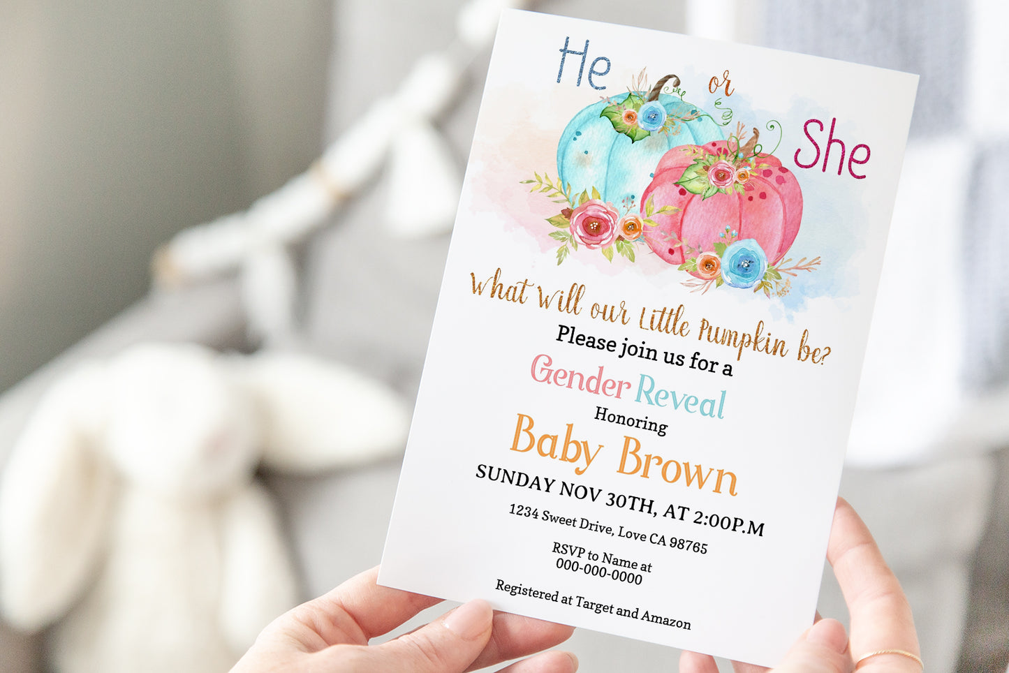 Little Pumpkin Editable He or She? Invitation | Pumpkin Gender Reveal 30A