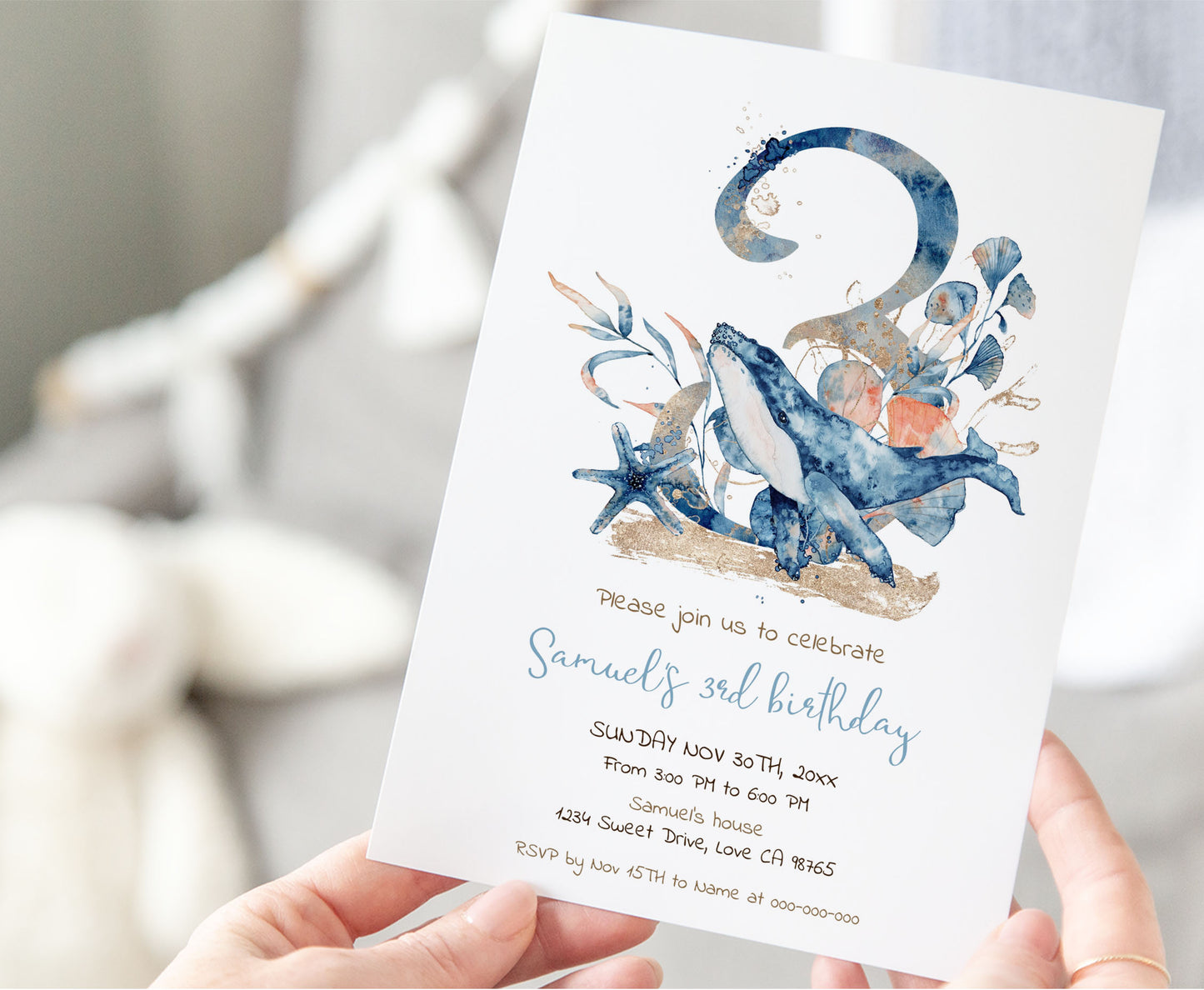 Whale third Birthday Invitation | Editable Under the sear Invite - 44C