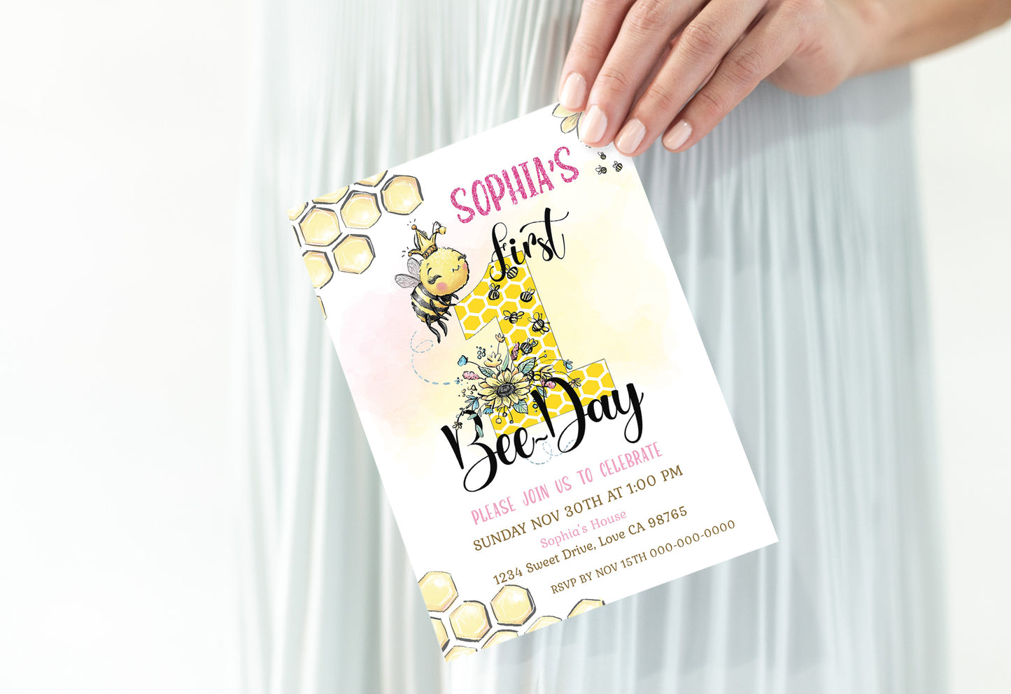 Bee First Birthday Invitation | EDITABLE 1st Bee Day Party Invite - 61A