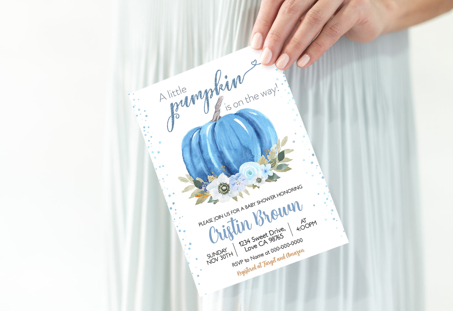 A Little Pumpkin is on the Way Invitation | Editable Pumpkin Baby Shower Boy Invite - 30B