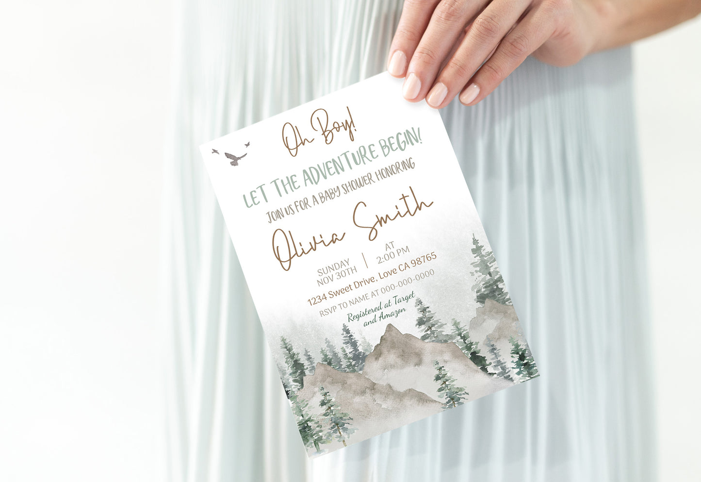 Let The Adventure Begin Invitation | Editable Mountains Baby Shower Invite - 47H