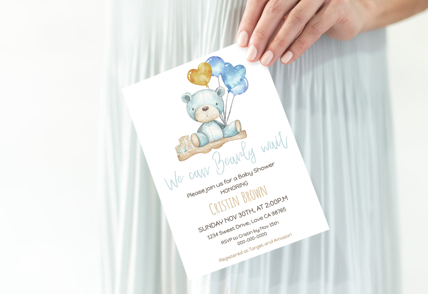 Teddy bear baby shower invitation blue | Editable boy baby shower invite - 76A