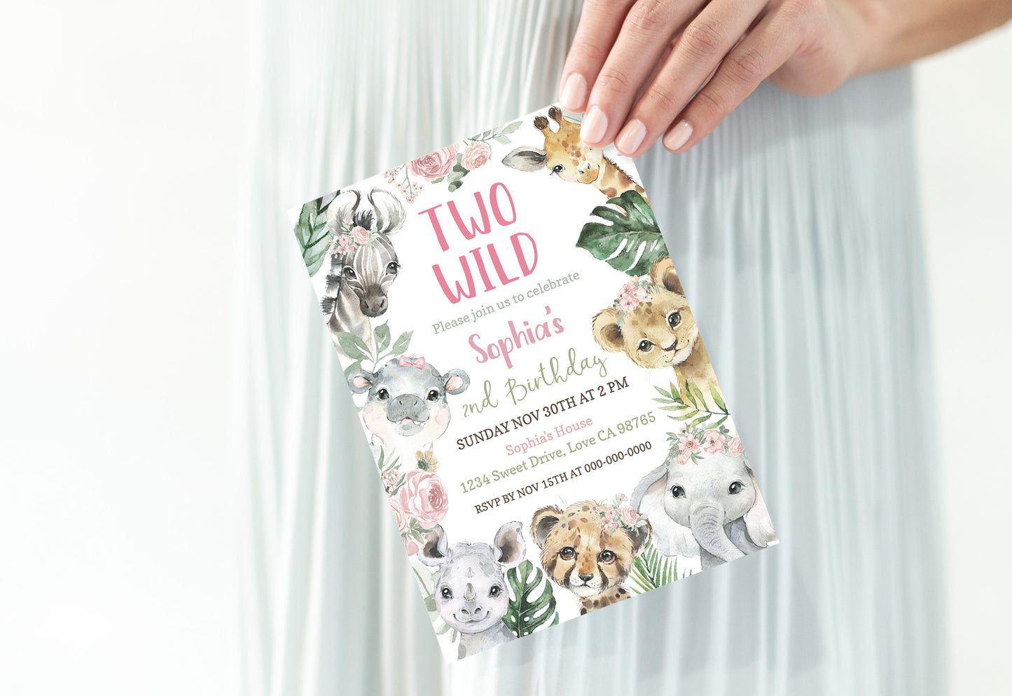 Two Wild Birthday Invitation Girl | Floral Safari 2nd Birthday Party Invite - 35A