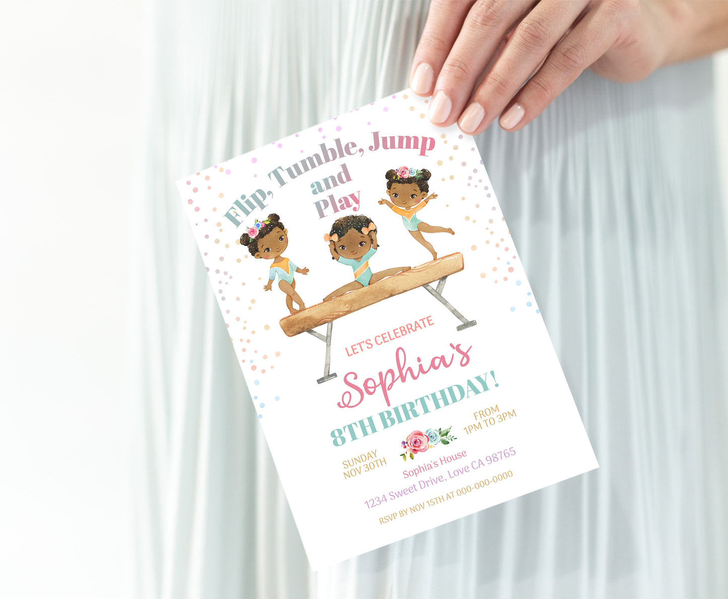 Gymnastic Birthday Invitation Girl | Floral Gymnastic Party Invite - 99A