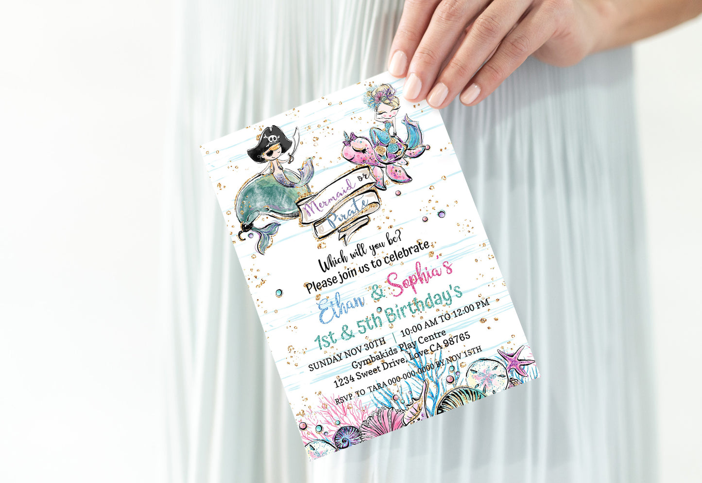 Pirate and Mermaid Party Invitation | EDITABLE Twins Birthday Invite - 20A1