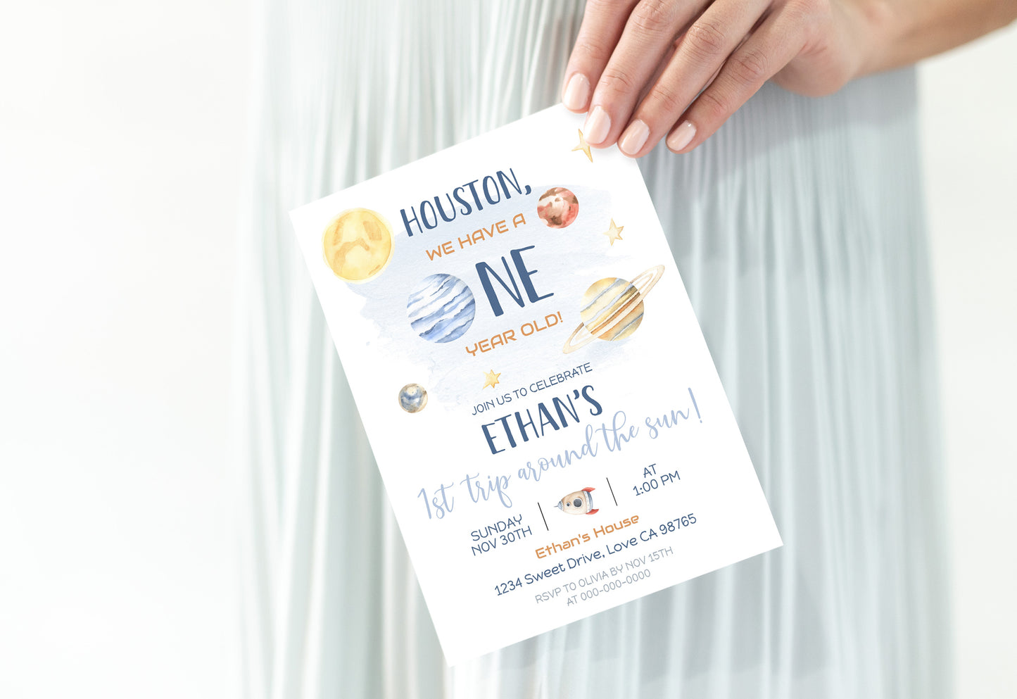 Houston Space 1st Birthday Invitation | 1st trip around the sun Invite - 39B