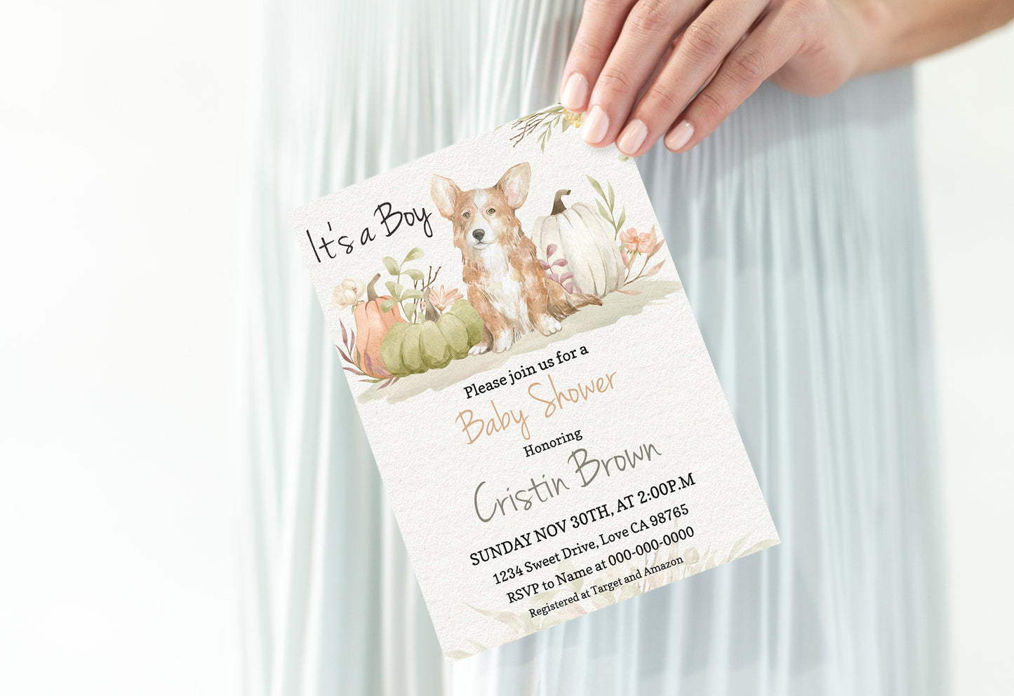 Editable It's a Boy Corgi and Pumpkins Invitation | Fall Boy Baby Shower - 30G2