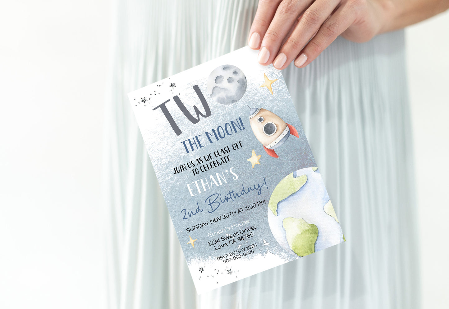 TWO The Moon Birthday Invitation | Space Second Birthday Party Invite - 39B