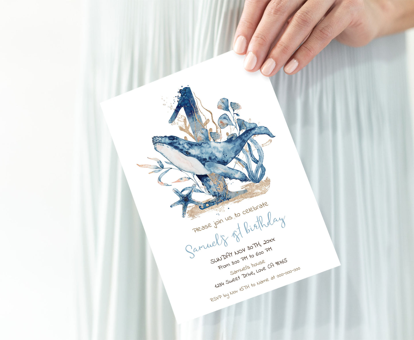 Whale first birthday Invitation | Editable Under the sea Invite - 44C