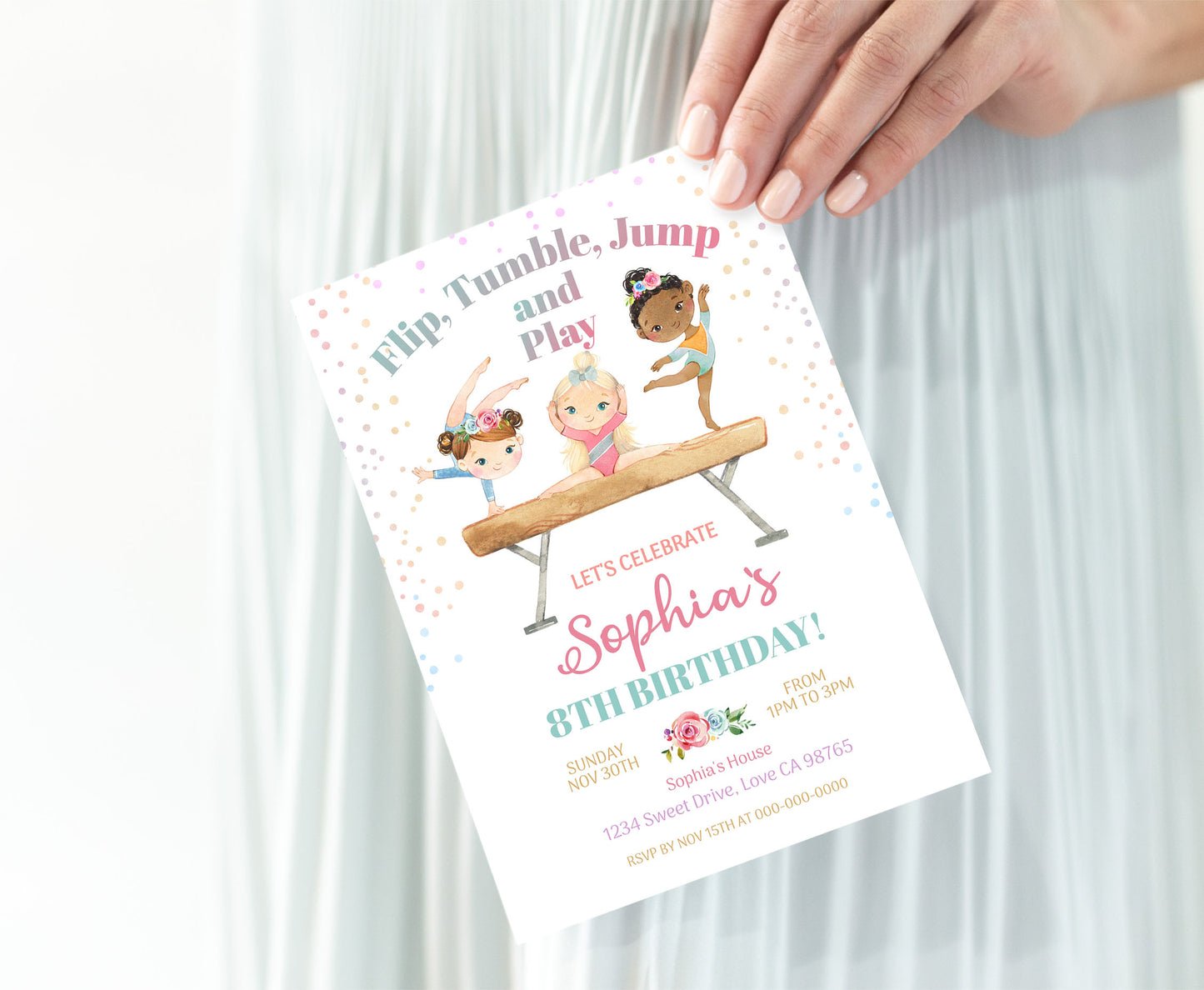 Floral Gymnastic Birthday Invitation Girl | Gymnastic Party Invite - 99A