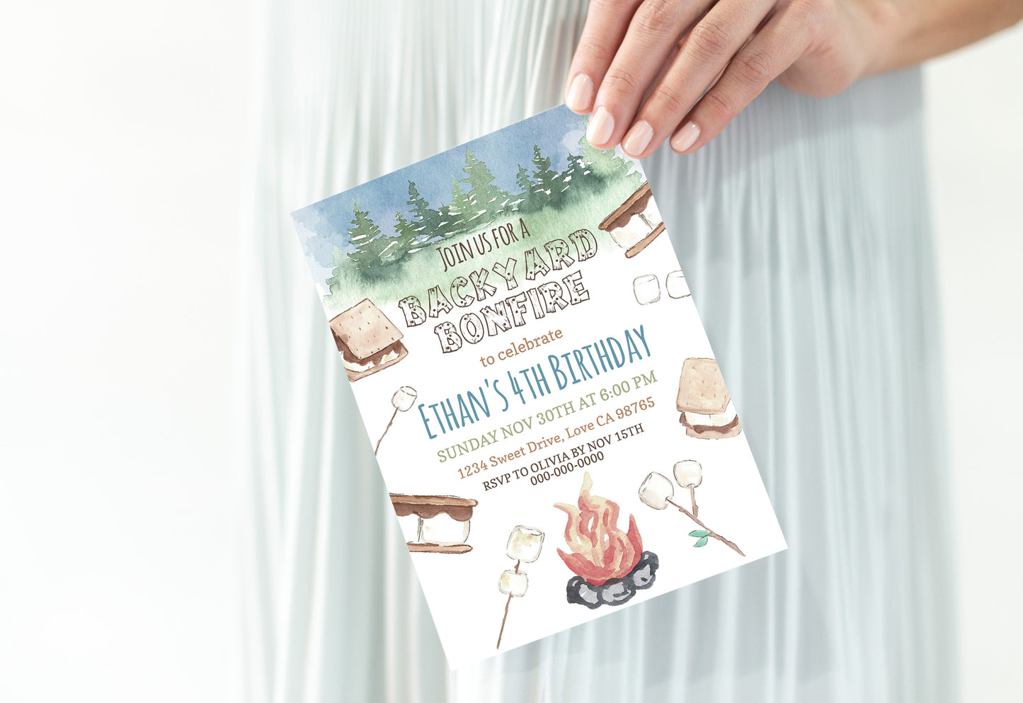 Backyard Bonfire Invitation | Editable Camping Birthday Party Invite - 04A